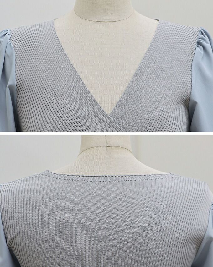 日本 BLUE EAST - V領羅紋拼接泡泡長袖上衣-藍灰