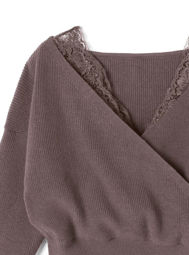 日本 GRL - 蕾絲V領縮腰針織上衣-知性黑 (M)