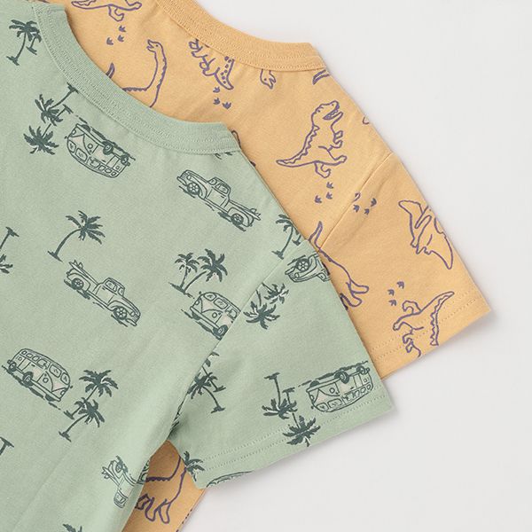 日本 petit main - 百搭印花短袖上衣-恐龍線條-卡其黃