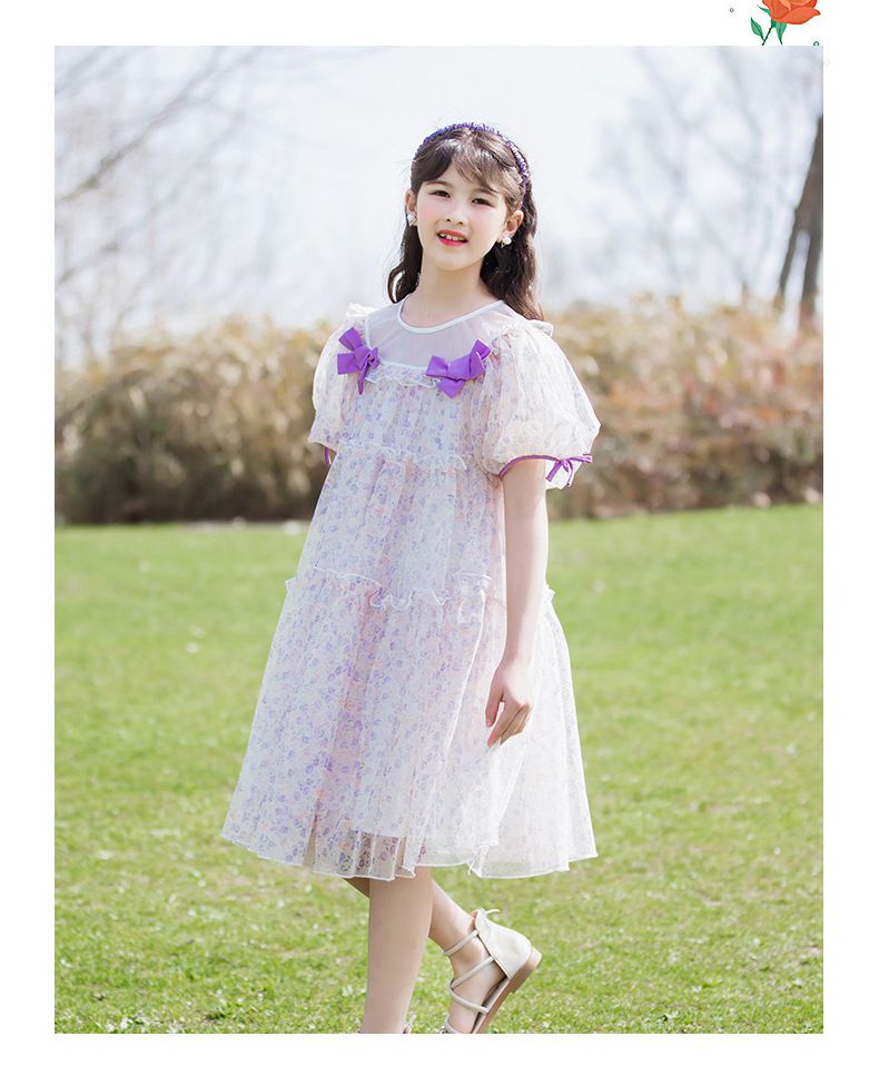 網紗泡泡袖蛋糕裙洋裝-滿版碎花-白+紫