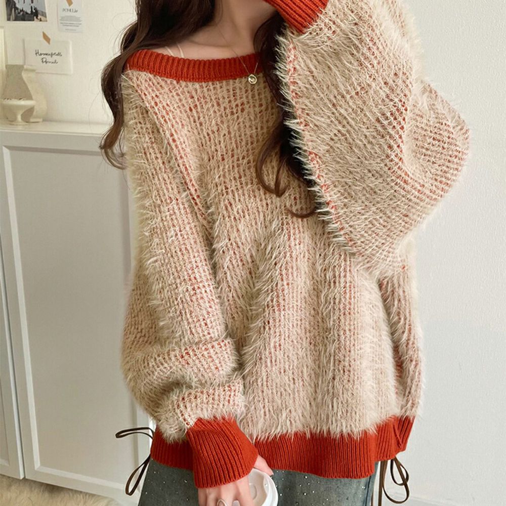 滾邊配色毛海露肩船領針織上衣-橘