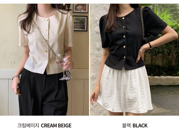 韓國 98doci - 氣質鈕扣公主抓褶袖襯衫-黑