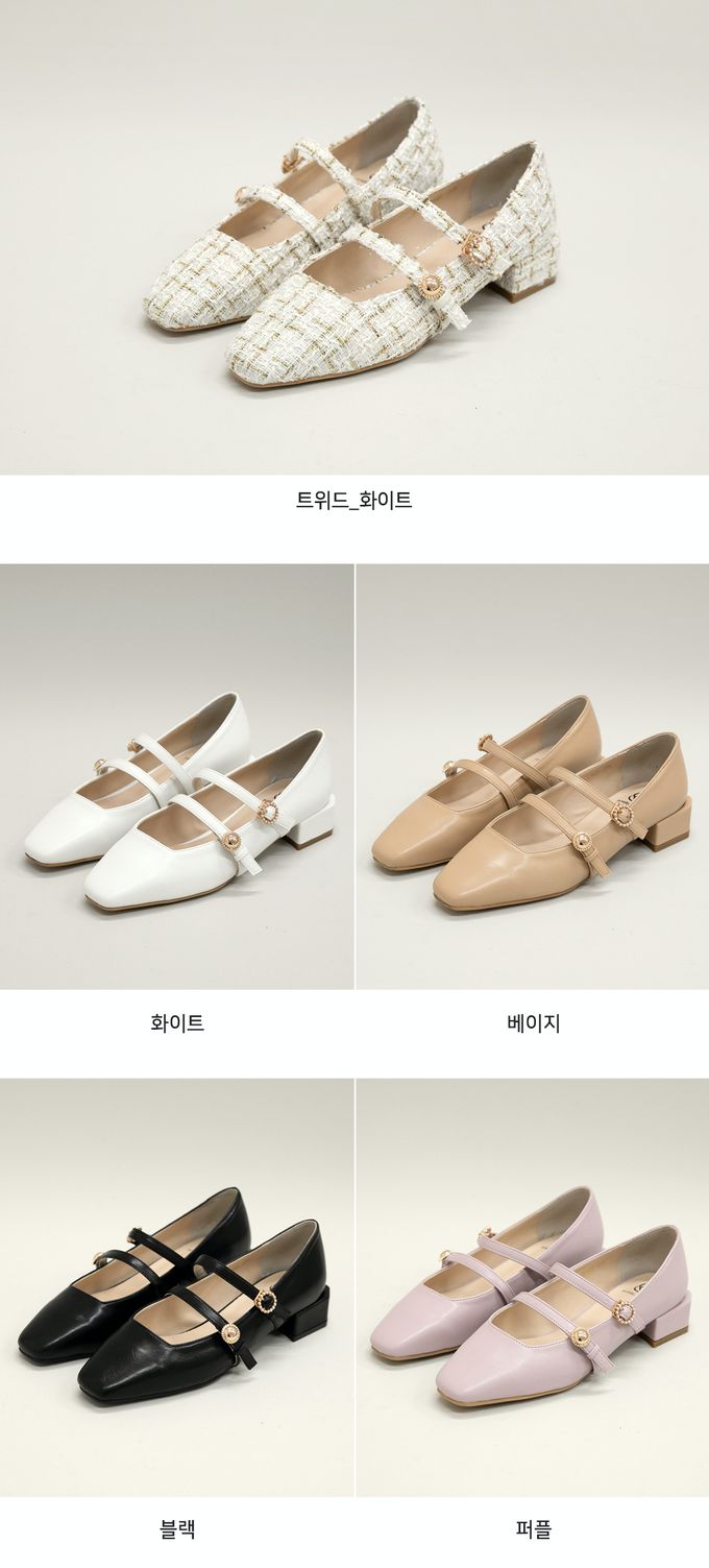 韓國 PINKELEPHANT - 鑲金釦方尖頭瑪莉珍皮鞋(3cm)-斜紋軟呢（白）