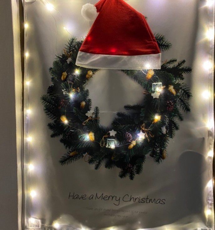 北歐手工聖誕樹掛布禮盒組贈5米50粒電池星光串燈/松樹掛布聖誕節必備/耶誕氛圍/裝置藝術/聖誕樹-果實聖誕花圈 (小_50x70cm)