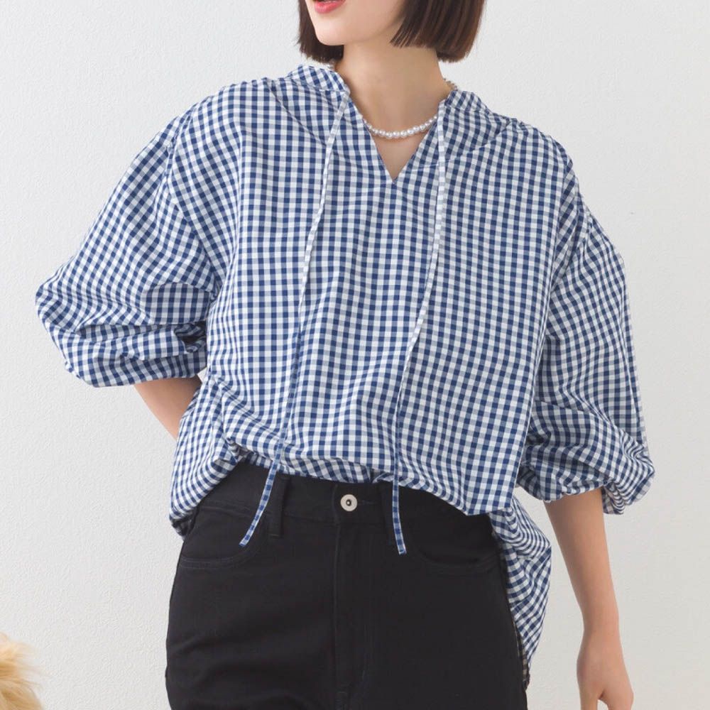柔滑科技棉 俐落感綁帶澎袖上衣-格子-海軍藍