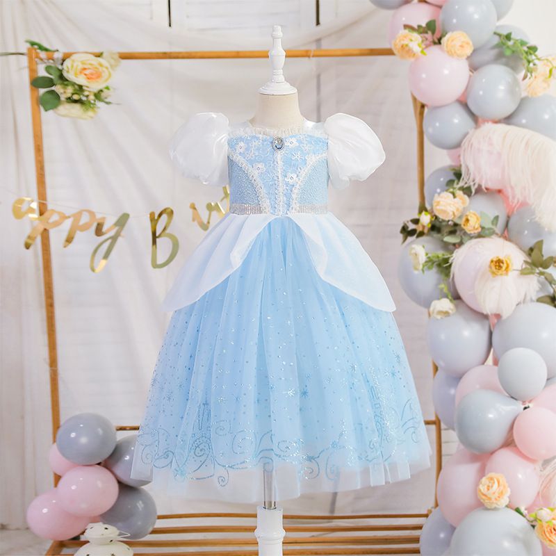 灰姑娘公主袖網紗洋裝-溫柔藍