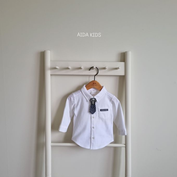 韓國 AIDA - 海軍小領帶裝飾長袖襯衫-白