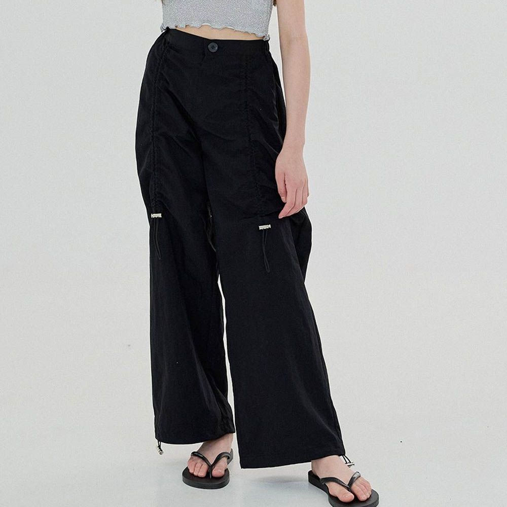 鬆緊腰抽繩寬鬆落地褲-黑