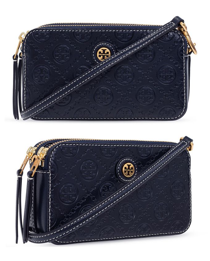 TORY BURCH - 滿版LOGO雙拉鏈皮革斜背包 (午夜藍)