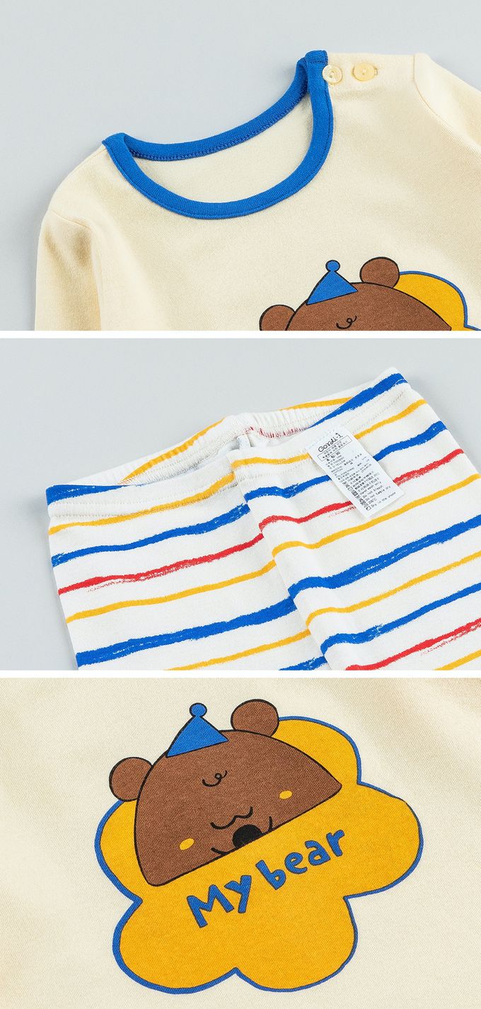 韓國 Cordi-i - 40支無螢光棉長袖家居服-睡眠棕熊-淺黃X白