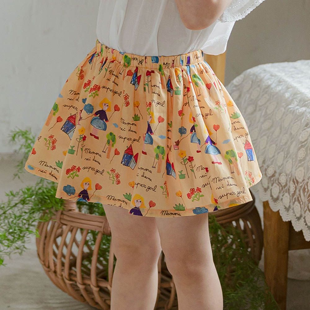 鬆緊腰童趣彩繪內搭褲短裙-橘黃