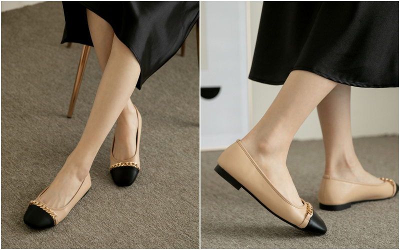 韓國 PINKELEPHANT - 鎖鏈拼色圓頭包鞋-米白X杏