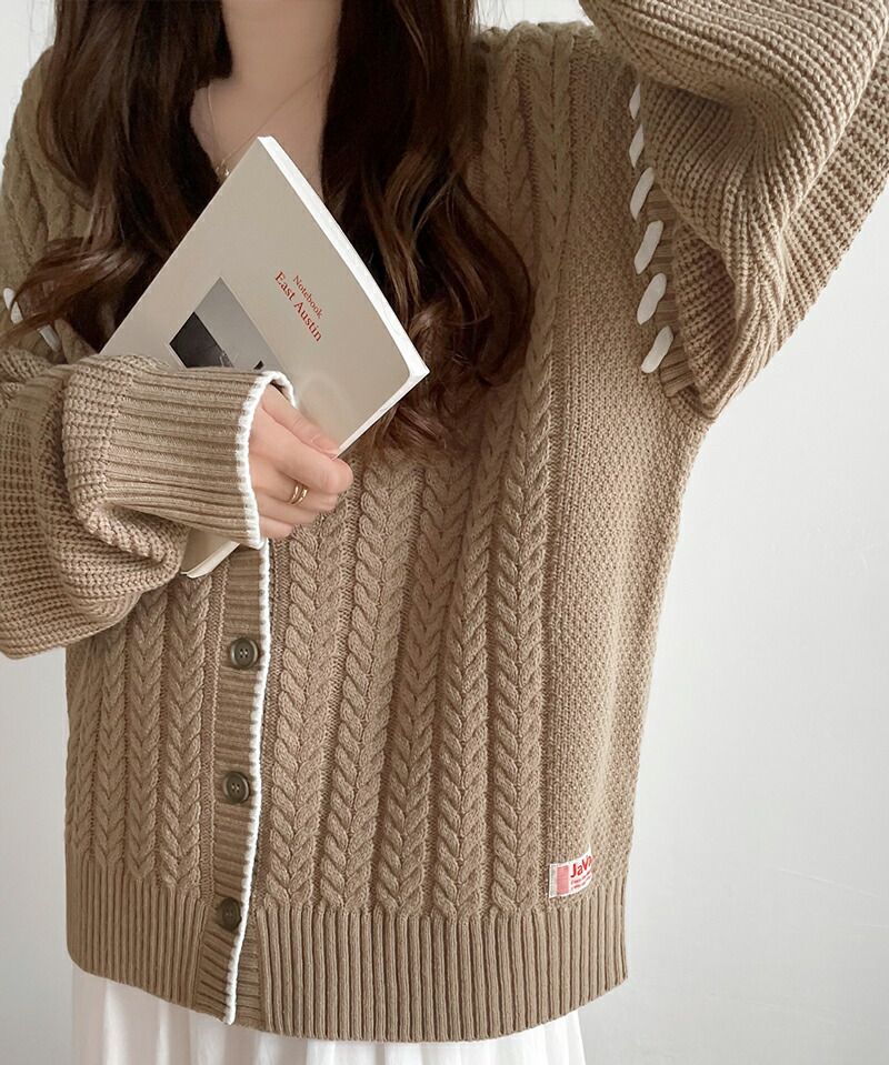 日本 Classical Elf - 2WAY滾邊縫線粗針織外套-摩卡x杏
