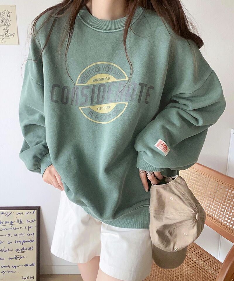 日本 Classical Elf - 水洗復古感印花寬鬆大學T-灰藍