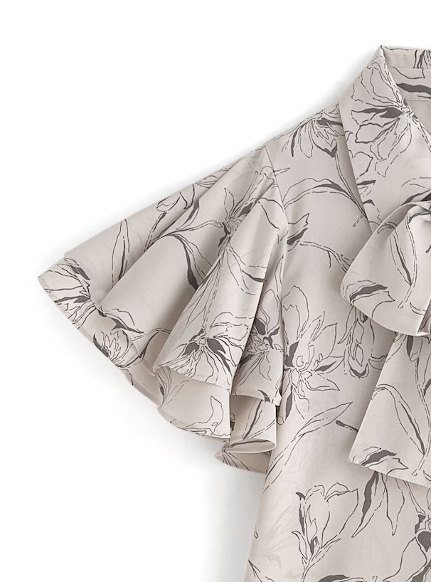 日本 GRL - 花朵線條蝴蝶結雪紡短袖上衣-簡約黑