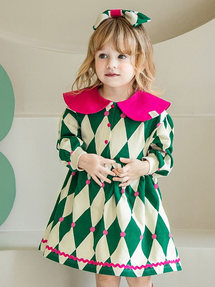 韓國 Pimpollo - 菱格紋撞色翻領洋裝-黃