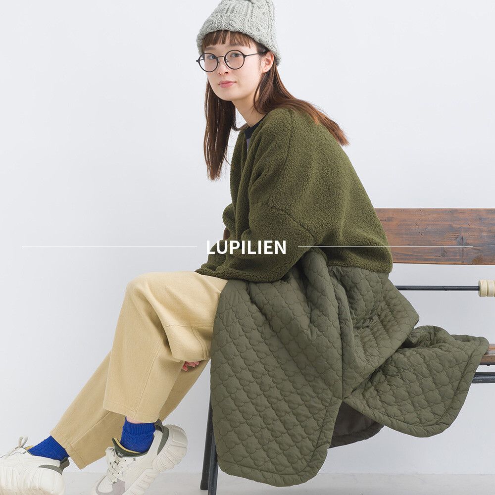 日本女裝代購 - 毛茸雲朵絎縫拼接長版鋪棉外套-軍綠