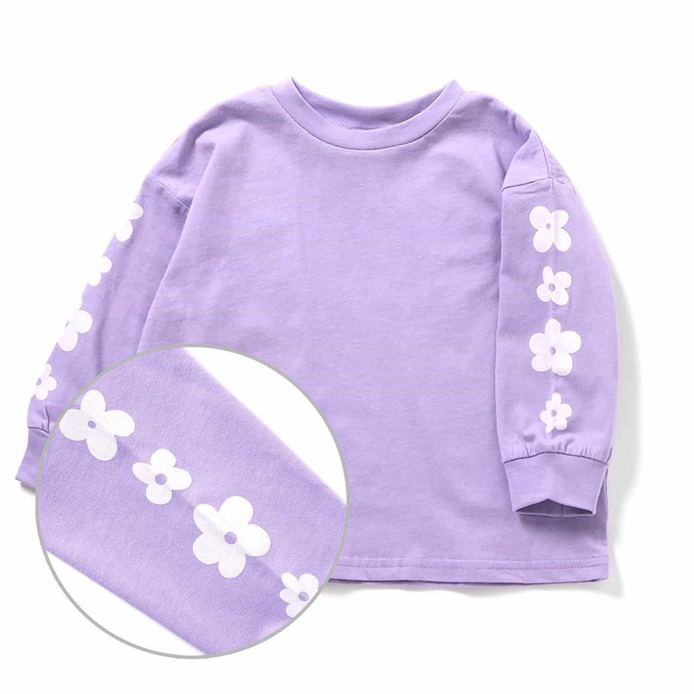 雙手可愛印花長袖上衣-小白花-薰衣草