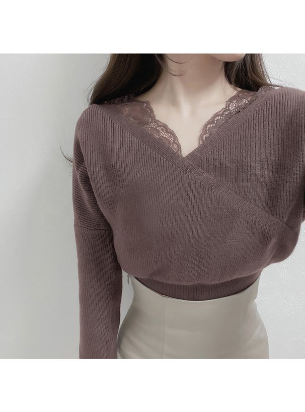 日本 GRL - 蕾絲V領縮腰針織上衣-可可棕