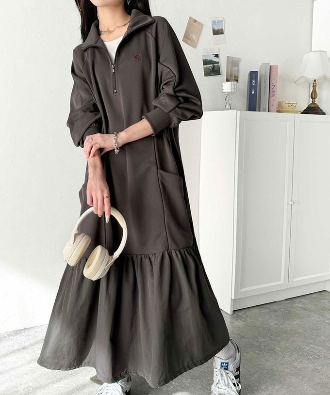 日本 Classical Elf - 異素材荷葉拼接半拉鍊寬版長袖洋裝-黑