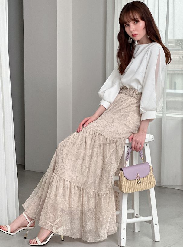 日本 GRL - 文藝花刺繡層次蛋糕裙-米杏 (F)
