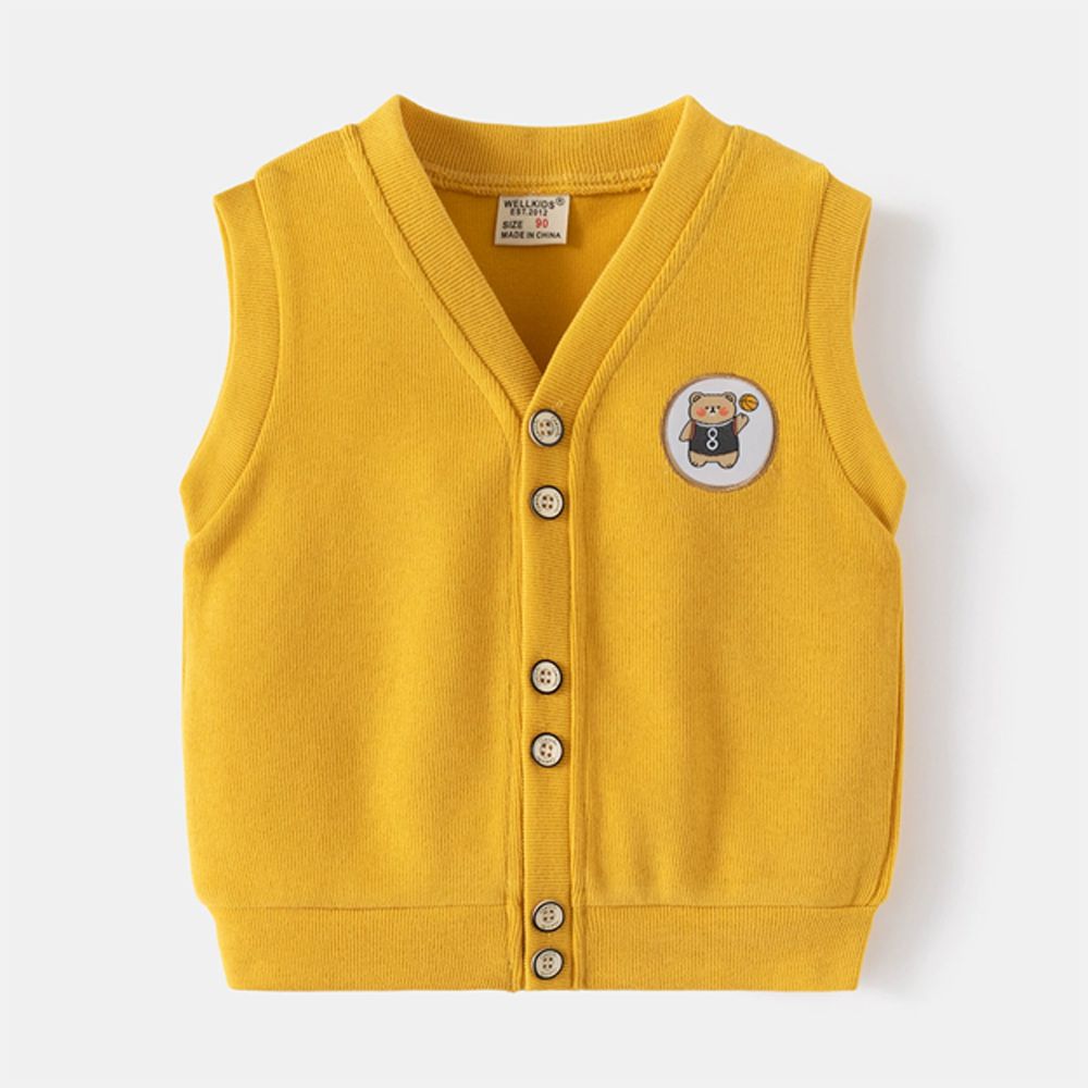 棉質休閒V領開衫背心-小熊徽章-黃色