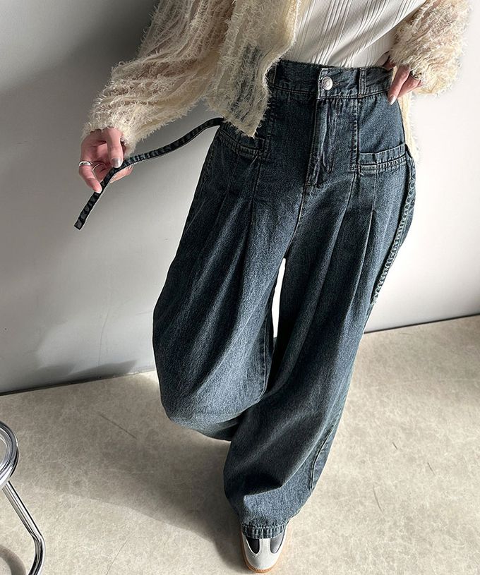 日本 Classical Elf - 側蝴蝶結純棉丹寧摺線寬褲-(環保材質)-霧深藍