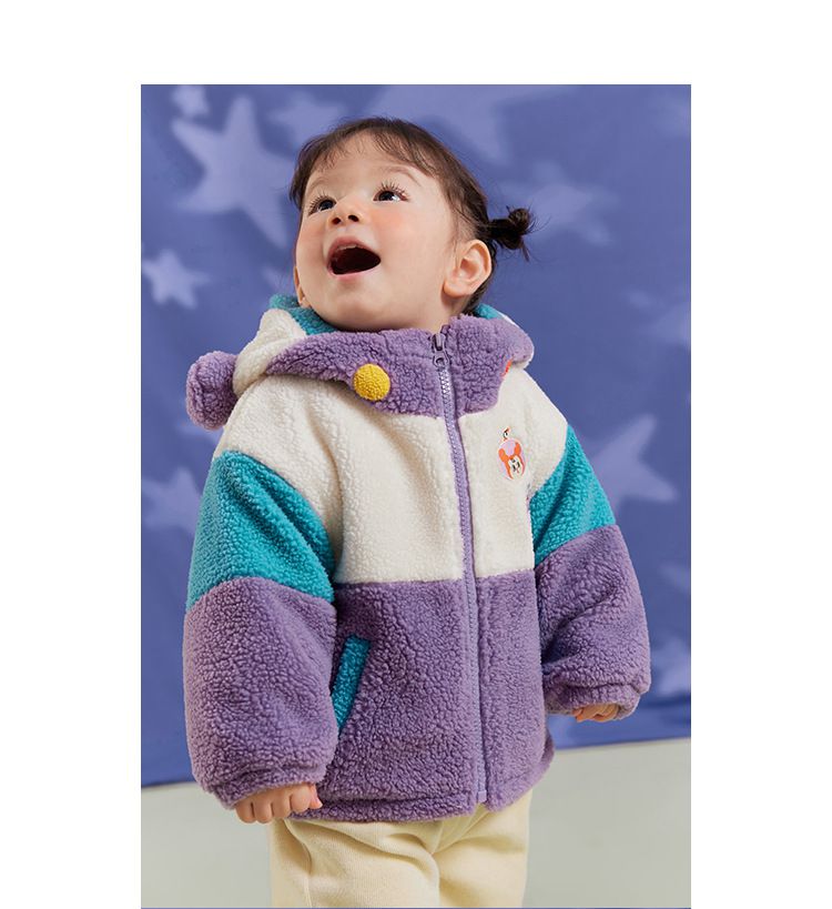 立體造型撞色羊羔絨連帽外套-UFO專員-藍色