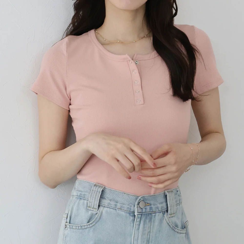 亨利領合身美型短袖上衣-粉紅