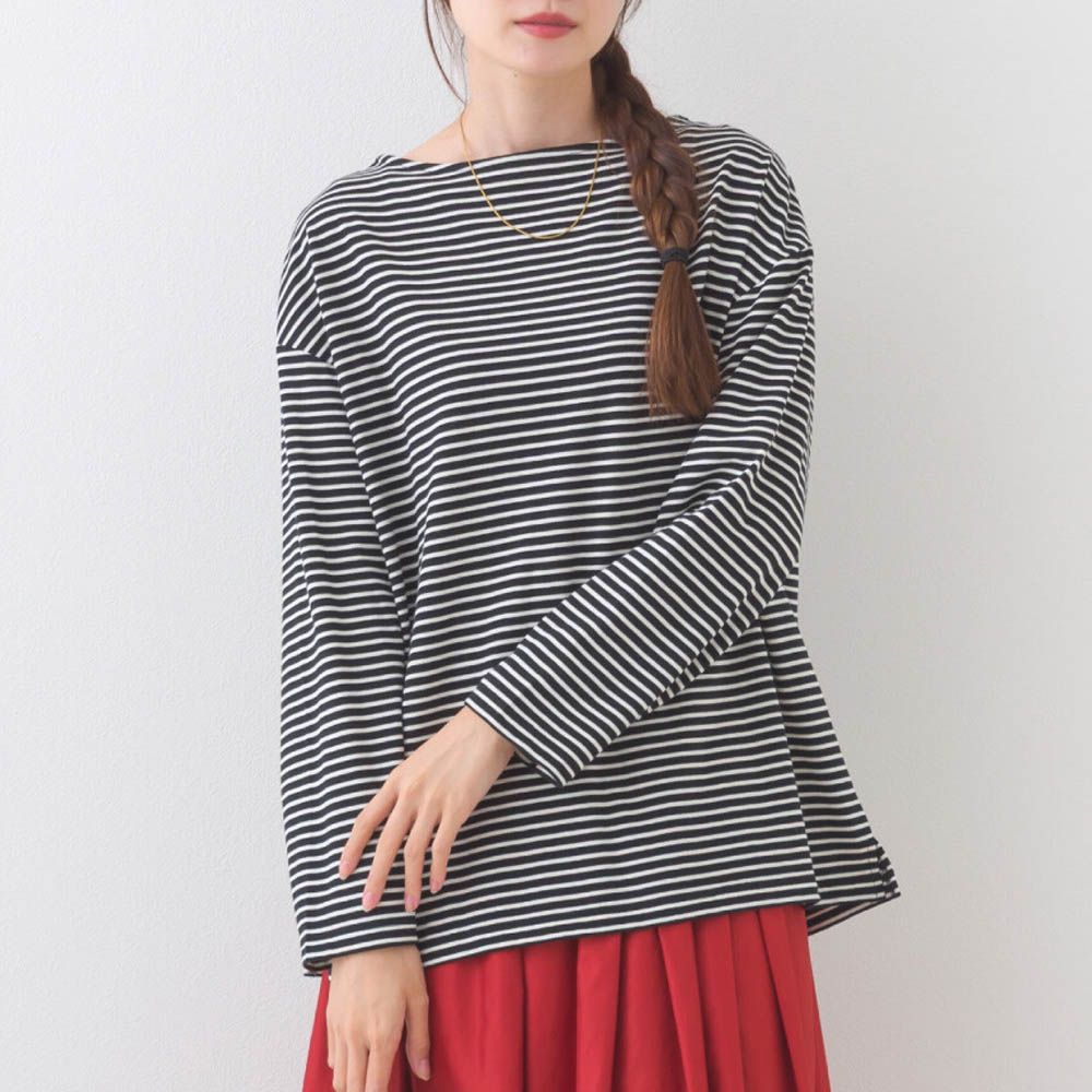 100%棉 經典款細條紋長袖上衣-黑底白條紋