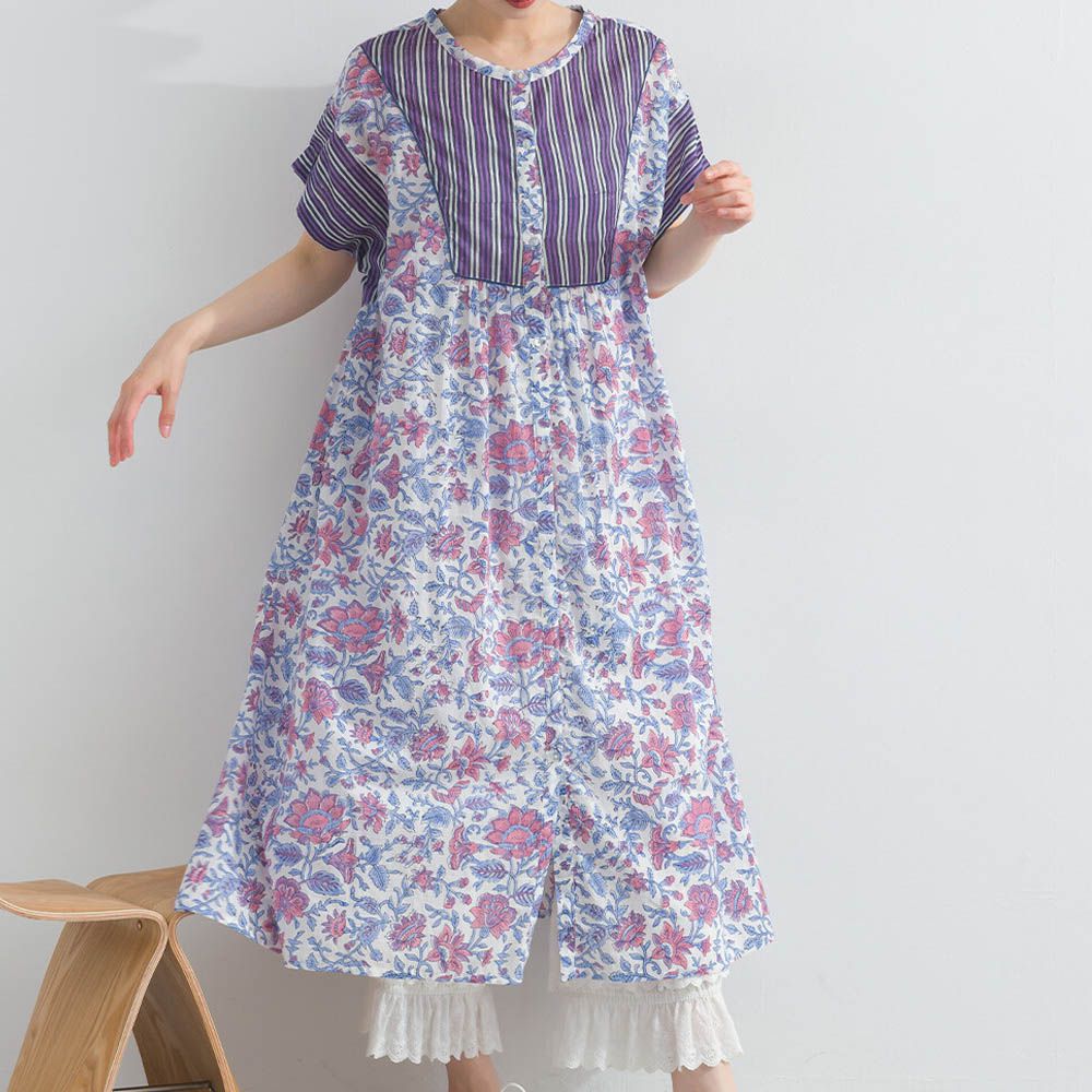 前後2way 自然風花卉印度棉輕盈洋裝-藍紫