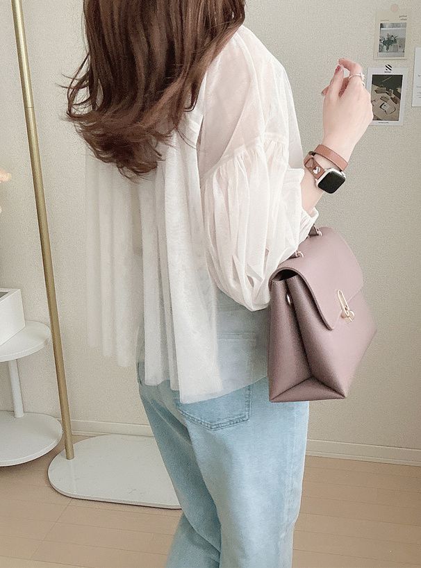 日本 GRL - 夢幻透膚落肩泡泡袖上衣(附內搭)-米杏 (F)