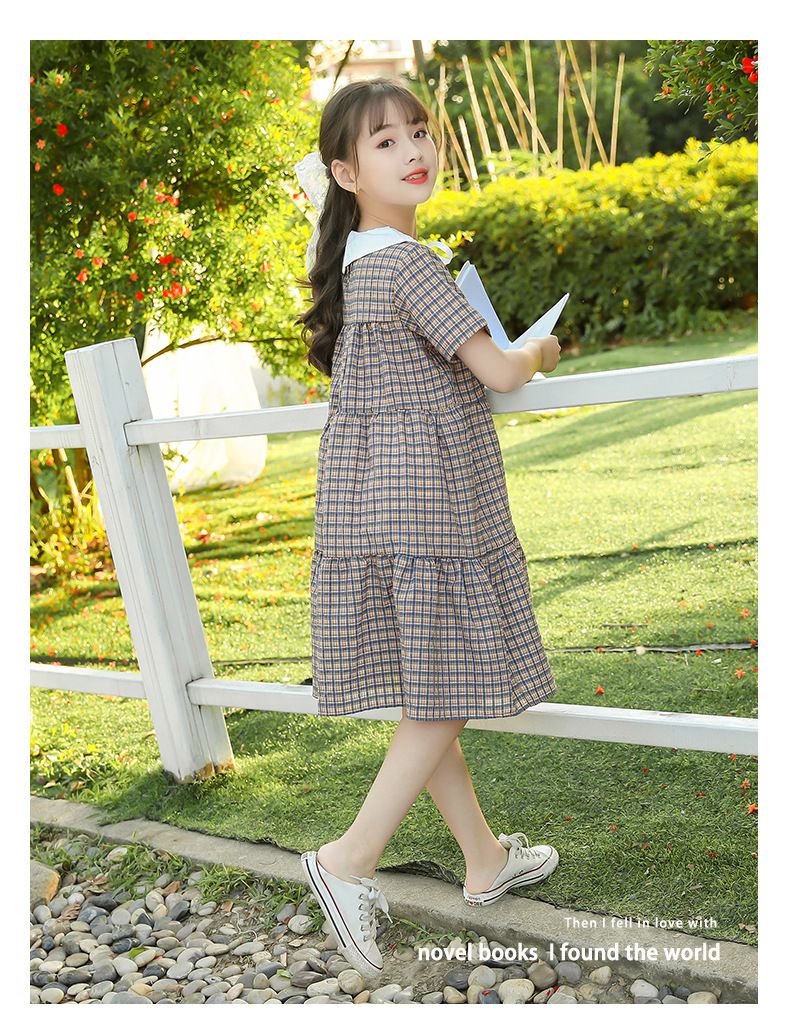 娃娃領短袖蛋糕裙洋裝-格紋-卡其+深藍