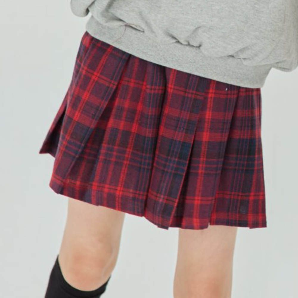 sm2 鬆緊腰經典格紋百褶短裙-紅
