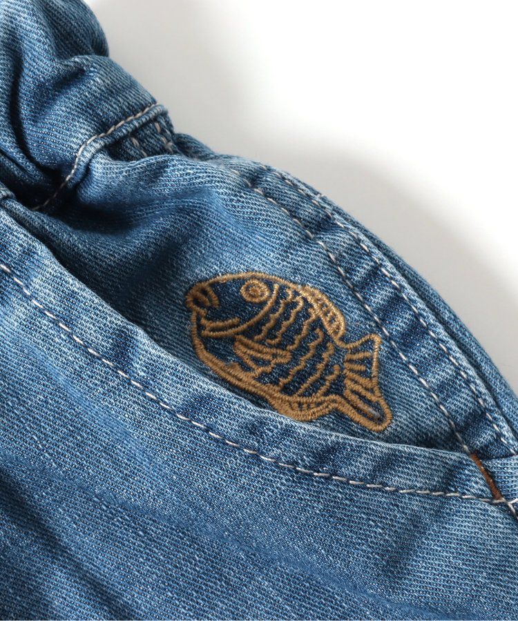 日本 BREEZE - 夏日祭典逗趣刺繡手巾牛仔短褲-幽默師匠-淺藍