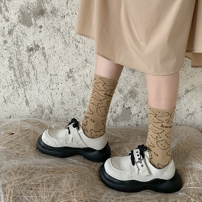 love, charlotte - 拿鐵小熊格子中筒棉襪 (XXL (22~24cm))-3 雙一組