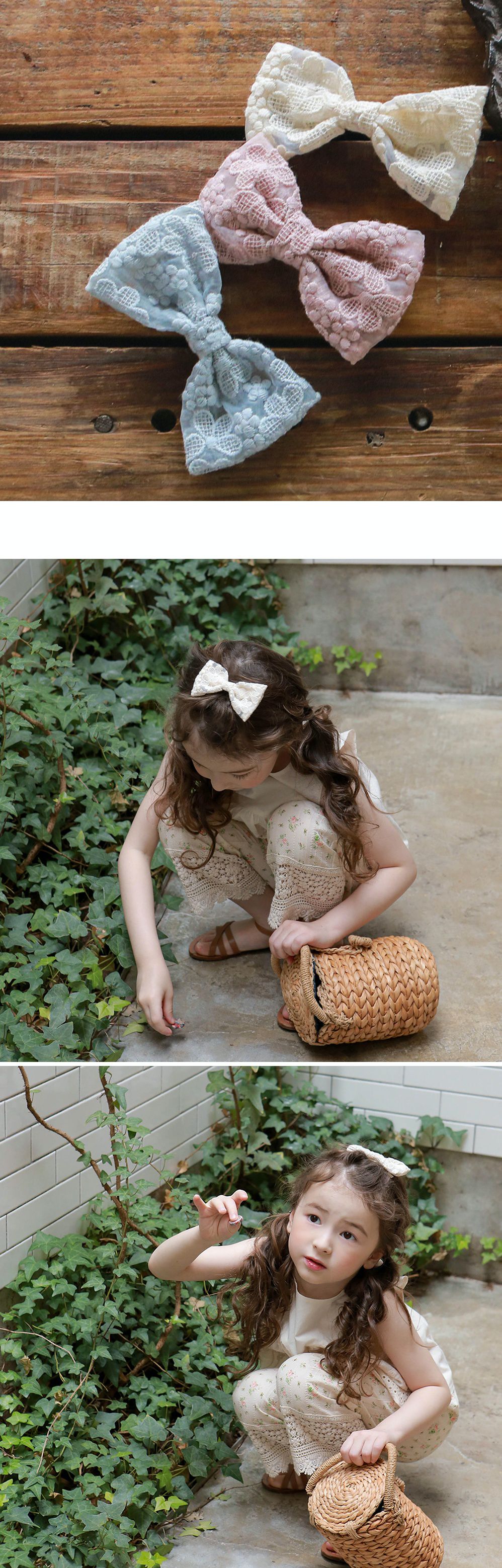 韓國 PuellaFLO - 蕾絲刺繡花朵蝴蝶結髮飾/髮夾-米白