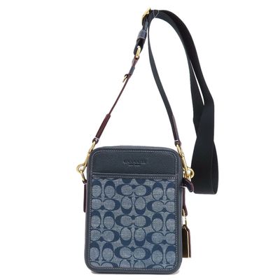 TORY BURCH - 滿版LOGO織布拼接皮革方形斜背包 (深藍)