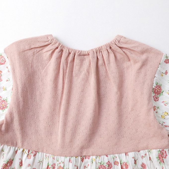 日本 ZOOLAND - 甜美花卉胸前蕾絲短袖洋裝-鵝黃