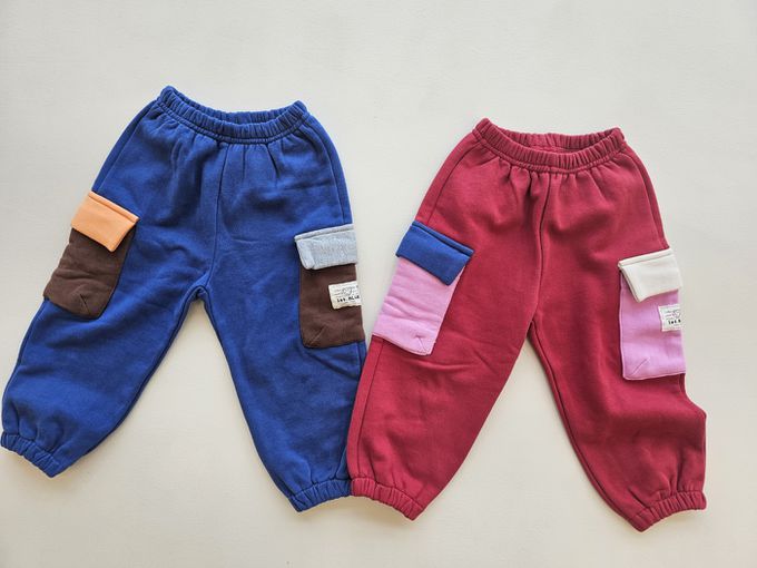 韓國 First Blue - 鬆緊腰側邊大口袋休閒棉褲-寶藍