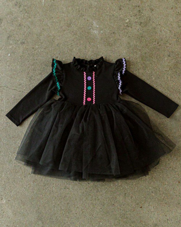 韓國 Babydoll - 紐扣裝飾多層次網紗洋裝-黑