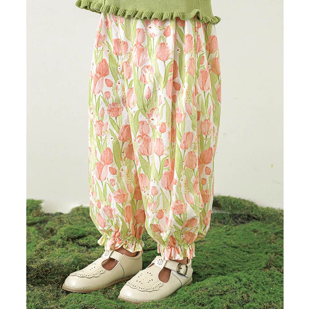 純棉木耳花邊束口褲-鬱金香小兔-粉色