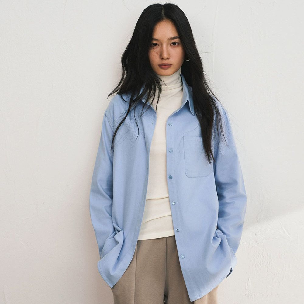 純棉質感百搭長袖襯衫-天海藍