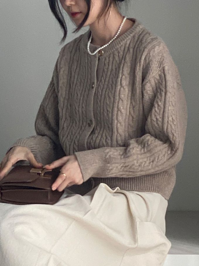 韓國女裝連線 - 麻花捲鈕扣無領針織外套-摩卡咖 (FREE)