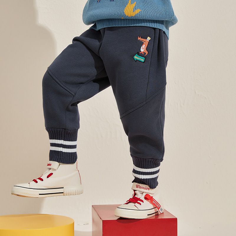 薄絨腰鬆緊休閒保暖束口長褲-呆呆小鱷魚-深灰色