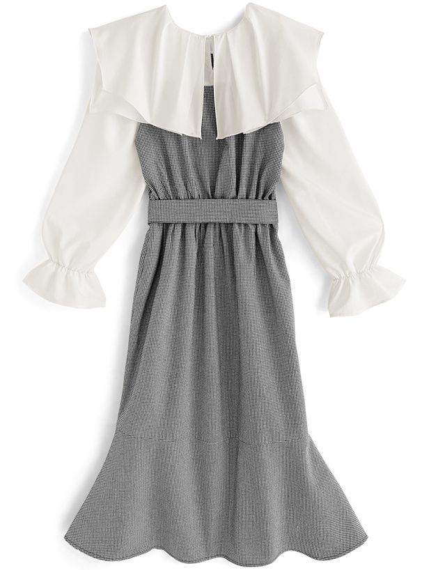 日本 GRL - 聯名款 雪紡荷葉領拼接格紋洋裝-黑