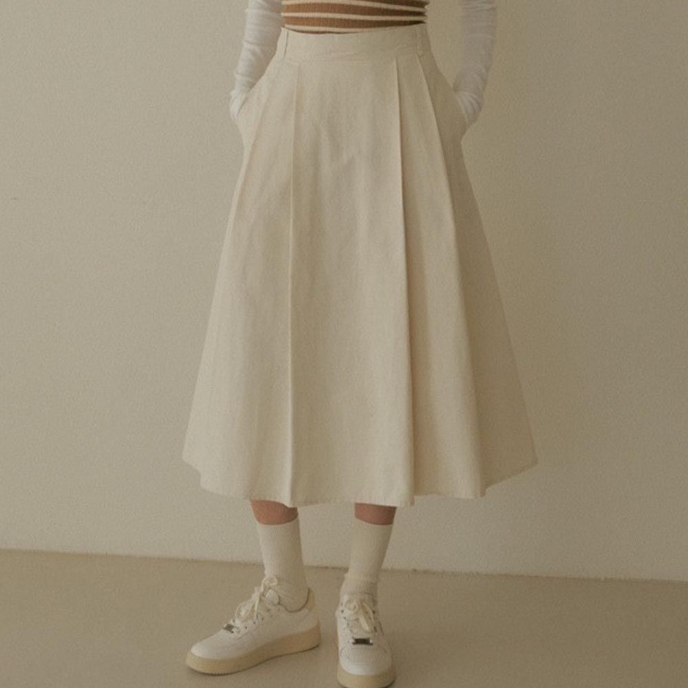 韓國女裝連線 - A字修飾打褶中長裙-米白