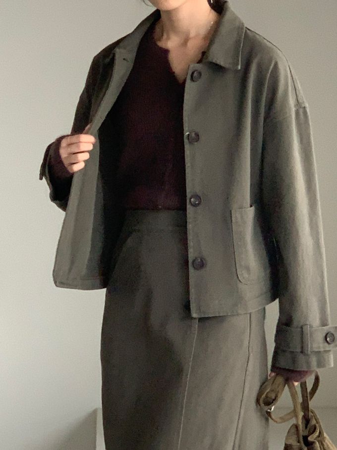 韓國女裝連線 - 後鬆緊鈕扣點綴A字長裙-灰軍綠 (FREE)