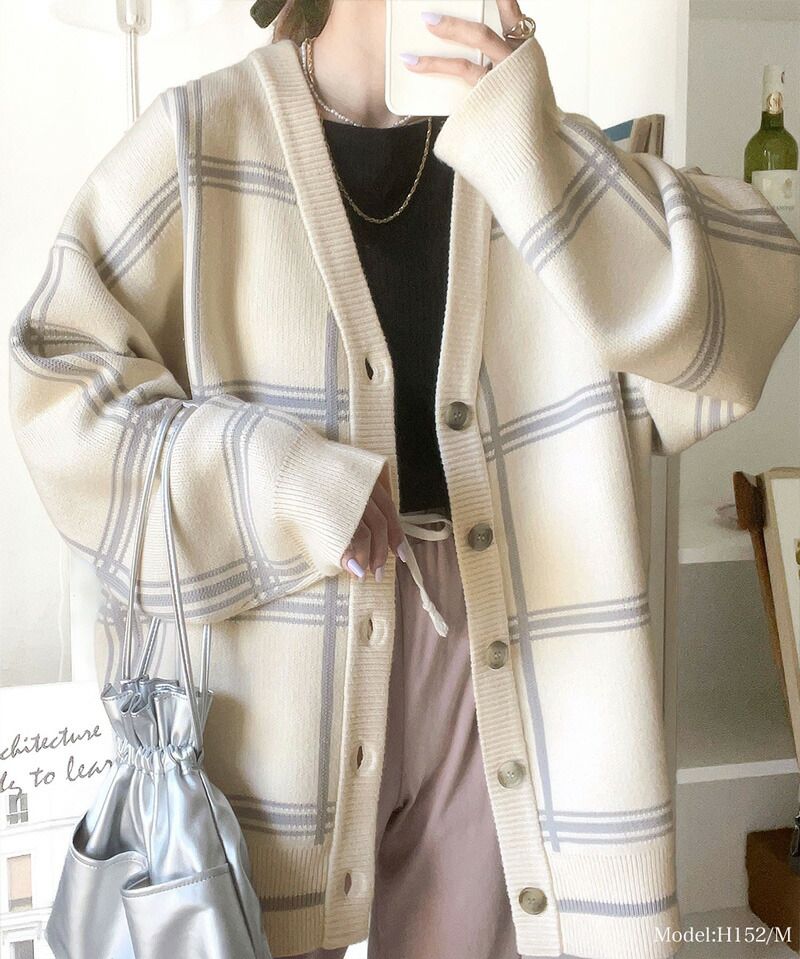 日本 Classical Elf - 歐風大格紋落肩針織外套-淺灰