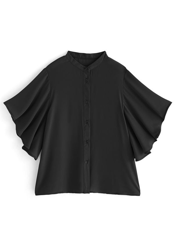 日本 GRL - 透明感柔美荷葉短袖襯衫-經典黑 (F)